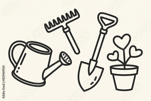 Gardening tools vector illustration including watering can rake shovel and heart plant simple line art for spring and summer designs