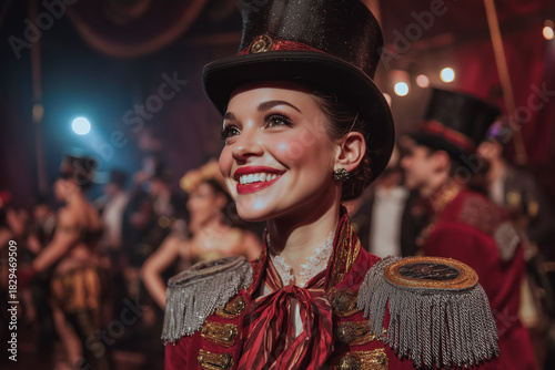 A smiling, beautiful female ringmaster under a spotlight and circus tent. Top hat and epaulettes. Audience and performers in the background