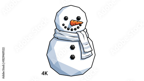Adorable snowman with carrot nose and scarf brings winter cheer, perfect for holiday cards, festive decorations, and children's books this season