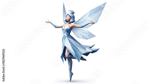 Gorgeous geometric ice fairy with crown and sparkling wings radiating magic and whimsy, perfect for captivating fantasy designs and enchanting storybooks