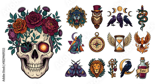 Colorful tattoo designs including a skull with flowers and various symbols on a white background in a flat lay composition with vibrant and eclectic mood.