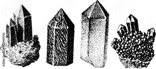 Illustration of various crystals and rocks in black and white. Detailed vector artwork showcasing shapes and textures in a smooth set.