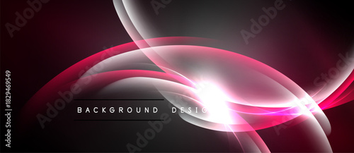 Abstract design features flowing curves, vibrant pink hues, dark background. Bright light source creates dynamic visual effect.