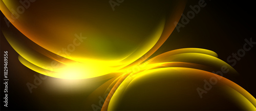 Abstract golden shapes radiate from bright center. Smooth curves create dynamic, flowing composition against dark background.