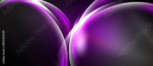 Abstract purple shapes overlap, creating luminous curves. Smooth gradients suggest depth, light reflecting off glossy surfaces. Minimalist design.