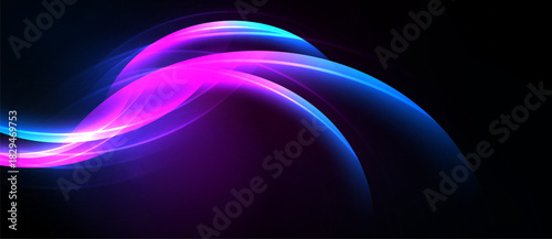 Abstract flowing lines, vibrant pinks, blues against dark background. Smooth gradients create dynamic visual effect. Modern design element.
