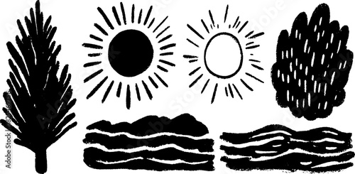 Sun and tree silhouettes in black and white. Simple vector illustration set ideal for nature-themed design projects.