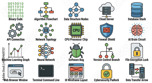 Flat lay of various cybersecurity and software development icons on a clean white background with a professional and technical mood.