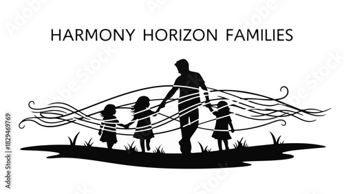 Father and children walking together, connected by flowing lines, representing family harmony and unity.