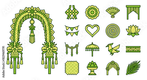 Collection of various green and yellow ornamental designs and patterns on a white background in a flat lay composition with a decorative arch.