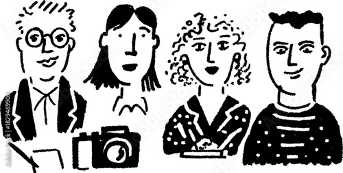 Group of characters in a monochrome vector illustration. Modern design showing professionalism and creativity in this artistic set.