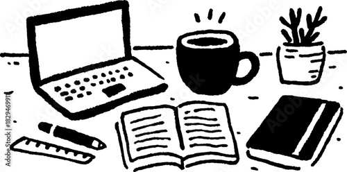 Laptop, coffee, and book on a minimalistic workspace. Flat vector illustration of a modern office setup with accessories.