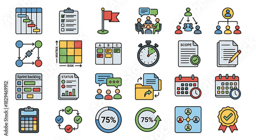 Flat lay of various colorful business and productivity icons on a clean white background with a professional and organized mood.