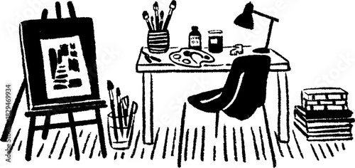 Art studio set with an easel and painting tools. A simple black and white vector illustration showcasing a creative workspace with essential objects.