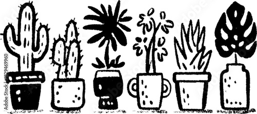 Collection of various plants in simple black and white style. Cactus, succulent, and flower pots in a vector illustration for home decor set.