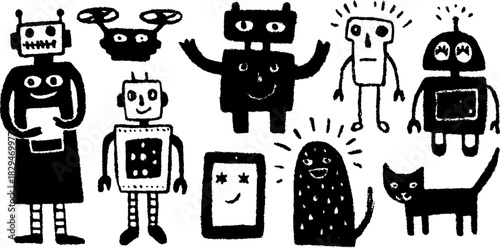 Vector illustration featuring whimsical robots and characters in a playful, hand-drawn style. A unique set of black and white doodle figures.