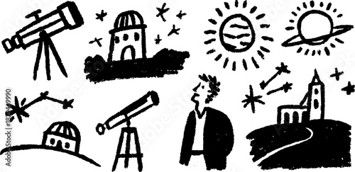 Telescopes and stars in simple black and white. Astronomy vector illustration showcasing space exploration concepts in a set.
