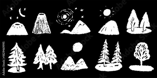 Mountains and trees in a black and white vector illustration. The simple set includes various natural elements like volcanoes and stars.