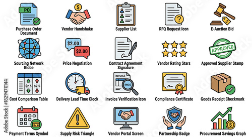 Flat lay of various business and finance icons on a clean white background with a professional and informative mood.