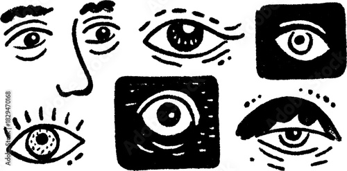 Collection of hand-drawn eye illustrations. Black outline and simple designs create a unique vector set for artistic projects.