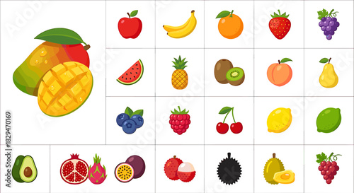Flat lay of various colorful fruits arranged in rows on a grid against a clean white background.