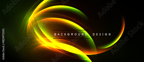 Abstract design features vibrant curves, gradients. Yellow, orange, green hues contrast against dark background. Text reads background design.