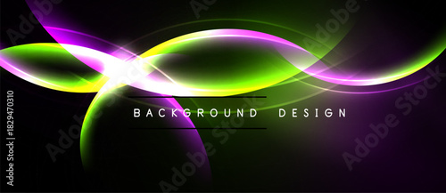 Abstract neon waves, vibrant colors blend. Dark background emphasizes glowing curves, creating dynamic visual effect. Text reads background design.