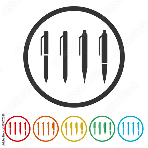 Pen icons set. Set icons in color circle buttons
