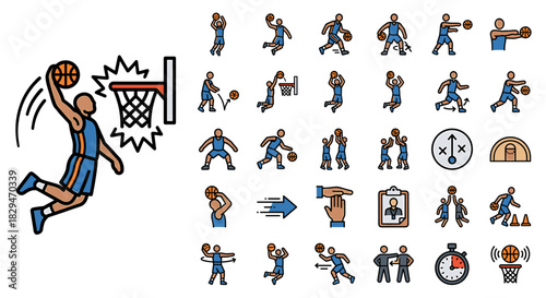Collection of various cartoon basketball players in action poses and icons on a white background with a blue and orange color scheme.