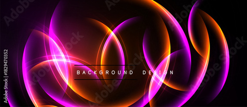 Abstract neon lights create flowing curves, vibrant colors. Background features orange, purple hues, dynamic energy. Modern design element.