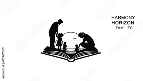 Silhouettes of a loving family reading an open book under a bright sky, symbolizing imagination and togetherness.