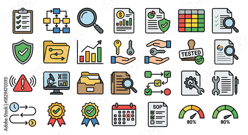 A collection of colorful business and workflow icons representing various concepts.