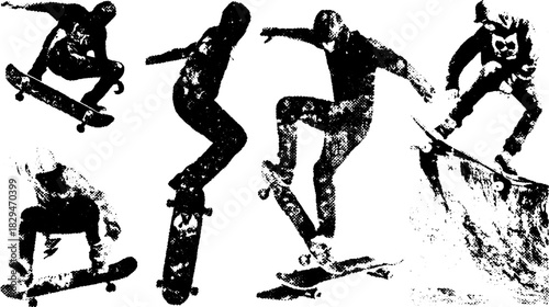 Skateboard action jumps captured in vintage line drawing style. Dynamic silhouettes create a sporty vector illustration set.