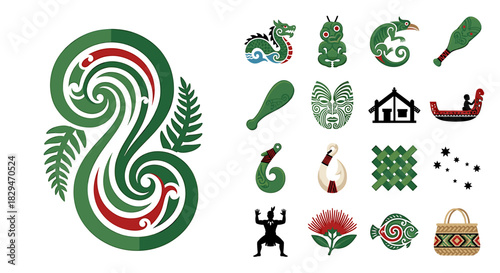 A collection of stylized Maori cultural symbols and traditional designs.