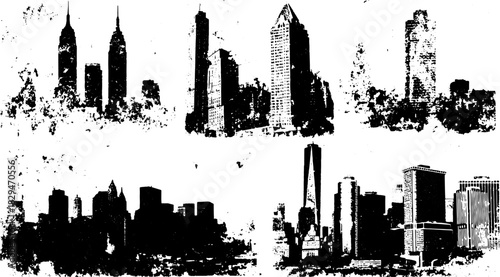 City skyline silhouette vector illustration in black and white with vintage style. Features urban buildings in a clean design set.
