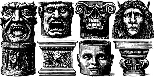 Set of ancient statues and pillars in black and white. Detailed engravings of heads in a classical style, featuring Greek mythology in vector illustration.