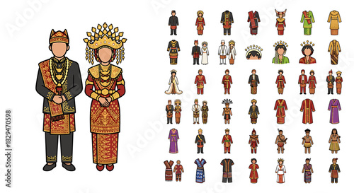 Illustrations of a couple in traditional Indonesian wedding attire alongside smaller figures in various cultural outfits.
