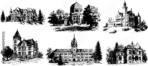 Engraving of various buildings showcasing vintage architectural designs. The illustration highlights details and outlines in a classic vector style.