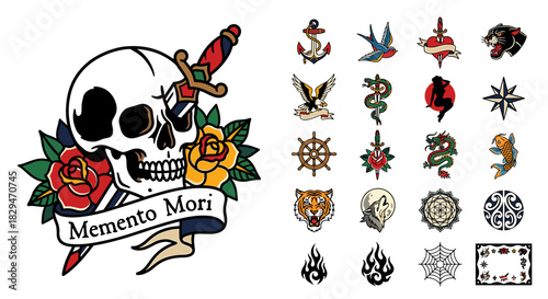 Tattoo flash sheet featuring traditional designs including a skull with a sword, roses, and various other symbols.