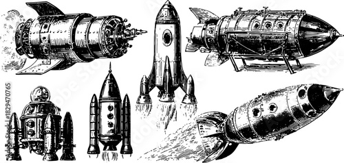 Vintage rocket and spaceship engravings in a detailed illustration set. Unique collection of retro designs for vector artwork.