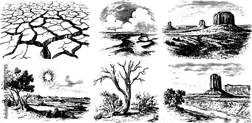 Vintage engraving of a landscape with cracked ground and trees. Natural scenery illustration in a set of vector images.