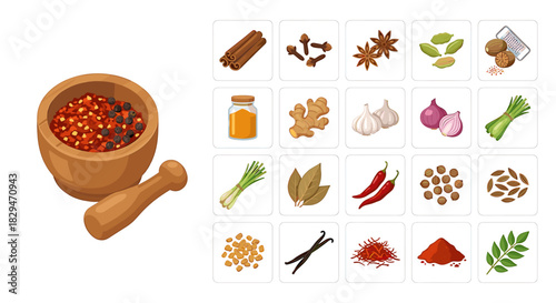 An assortment of spices and herbs displayed with a mortar and pestle.