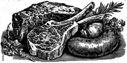 Meat engraving featuring steaks, sausage, and vegetables. A vintage black-and-white food illustration set with detailed outlines and textures.