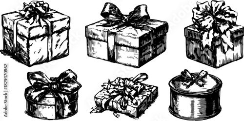 Vintage present boxes with ribbons and bows. Hand-drawn vector illustration of a gift set in an engraving style.