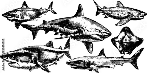 Vintage shark illustrations in detailed engraving style. Black and white vector set of various sharks showcasing intricate designs.