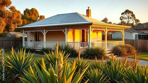 veranda. Charming single-story house with a wide veranda, surrounded by native plants in golden light. real-estate listings.