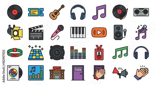 A collection of colorful vector icons related to music, entertainment, and performance arts, arranged in rows.