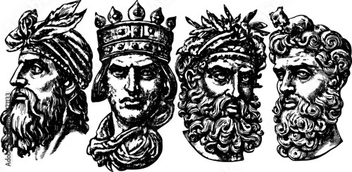 Four historical heads of men in a vintage vector illustration. Detailed art set showcasing classical representation and artistic elements.