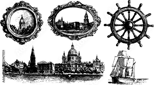 Vintage ship vector illustration featuring a nautical wheel and historical frames. Monochrome art set depicting classic buildings and scenic landscapes.
