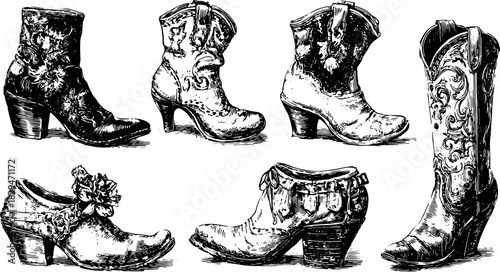 Vintage boots in a detailed hand-drawn illustration. Unique footwear design set showcased in black and white vector art.